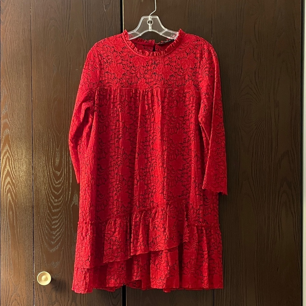 Zara Basic 3/4 sleeved red eyelet dress. Size Large.